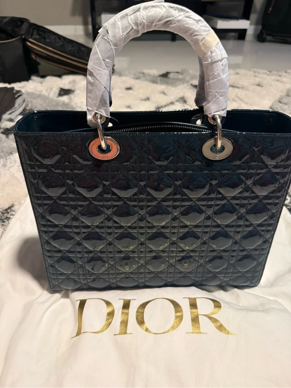 Dior Navy Patent Quilted Tote with CD Charm